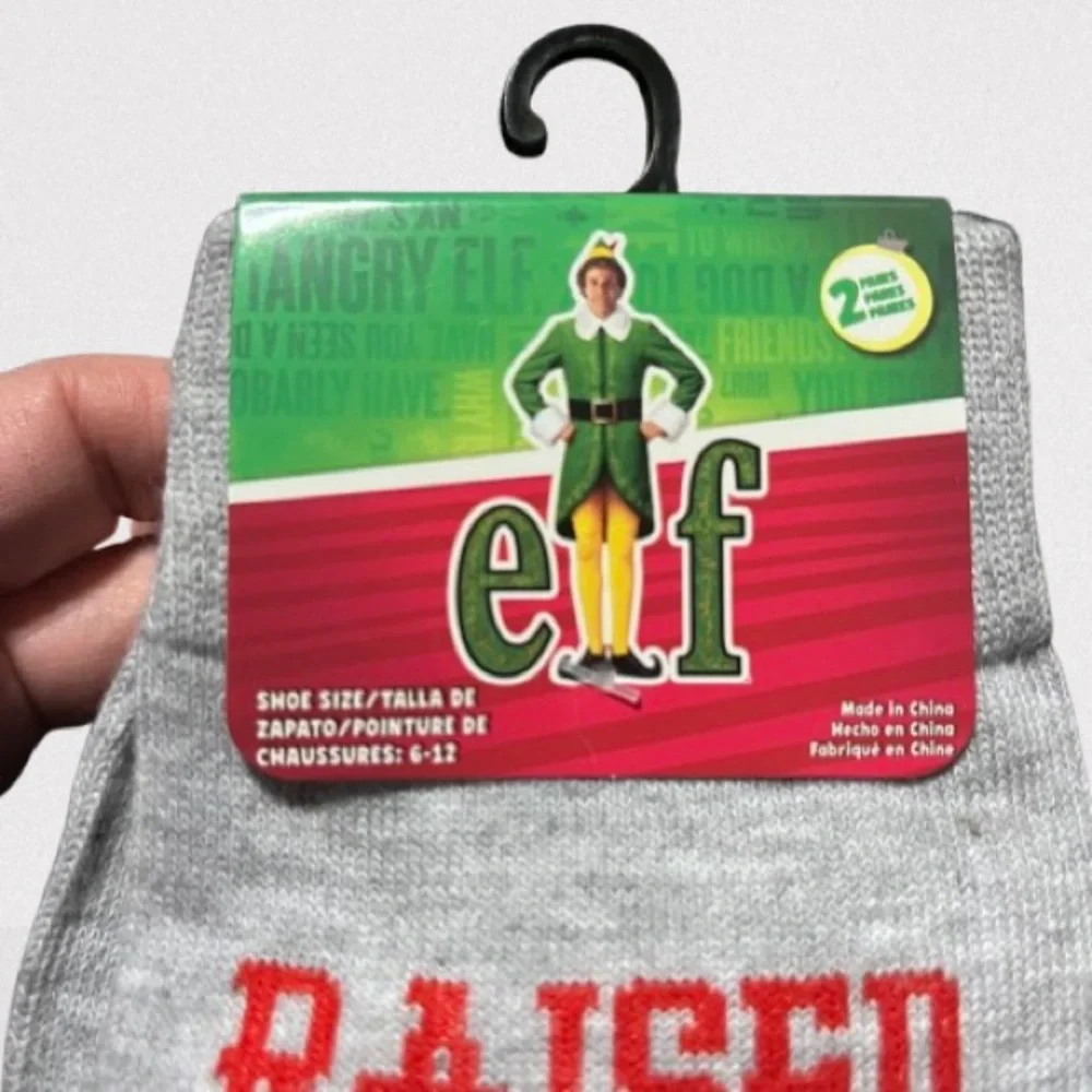 ELF Gray Socks with Festive Red and Green Design